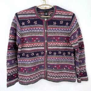 Deane & White Vintage Snowflake Cardigan Sweater Purple Pink Fair Isle  Large
